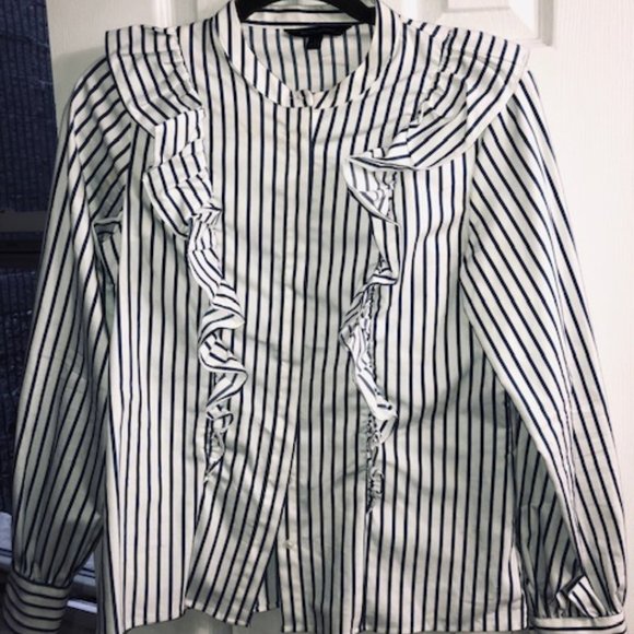 Banana Republic Navy/White Striped Ruffle Shirt - Picture 1 of 7